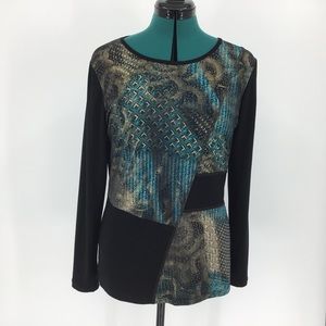 Libra Long Sleeve Gold Teal & Black Top, Medium